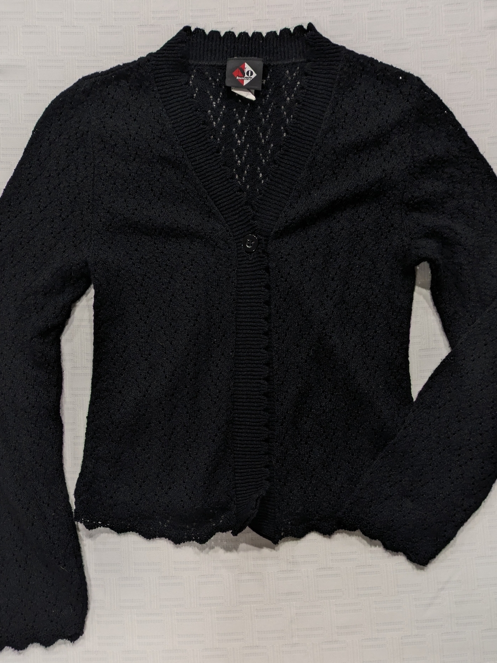 Vintage 90s Y2K No Boundaries Black Open Knit Scalloped Cardigan Made in USA